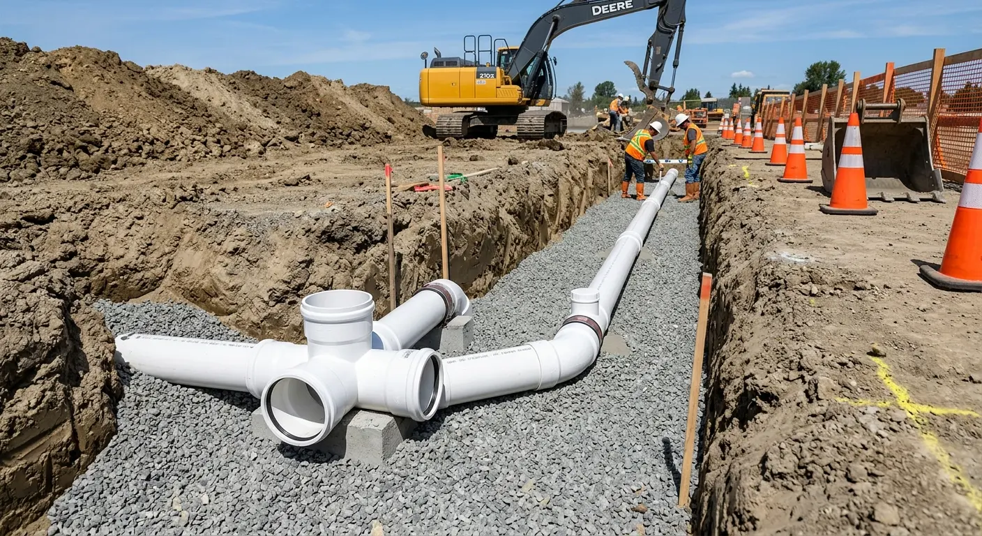 New PVC sewer pipe installation in open trench for Commercial Drain Cleaning in Rio Grande City