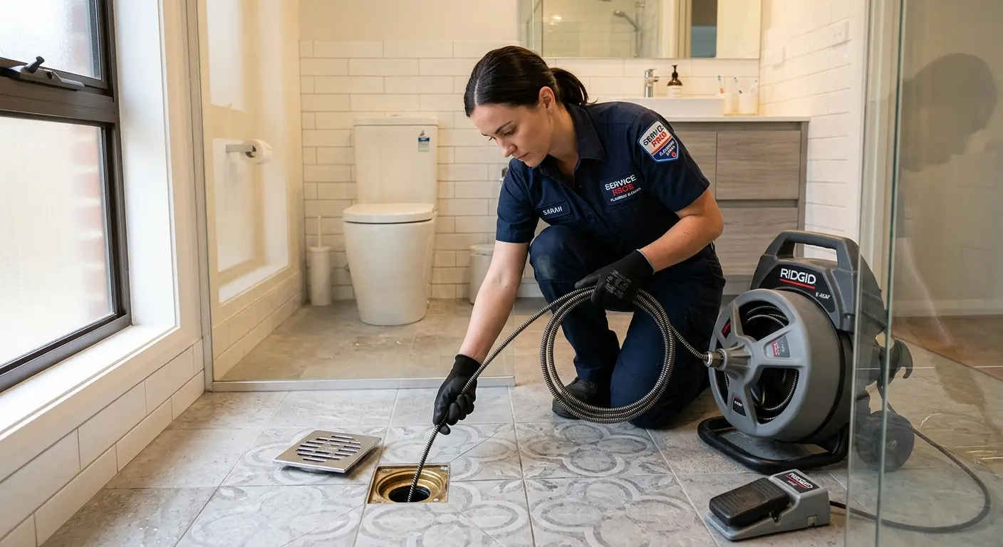 Technician clearing a bathroom floor drain for Sewer Line Installation in Rio Grande City